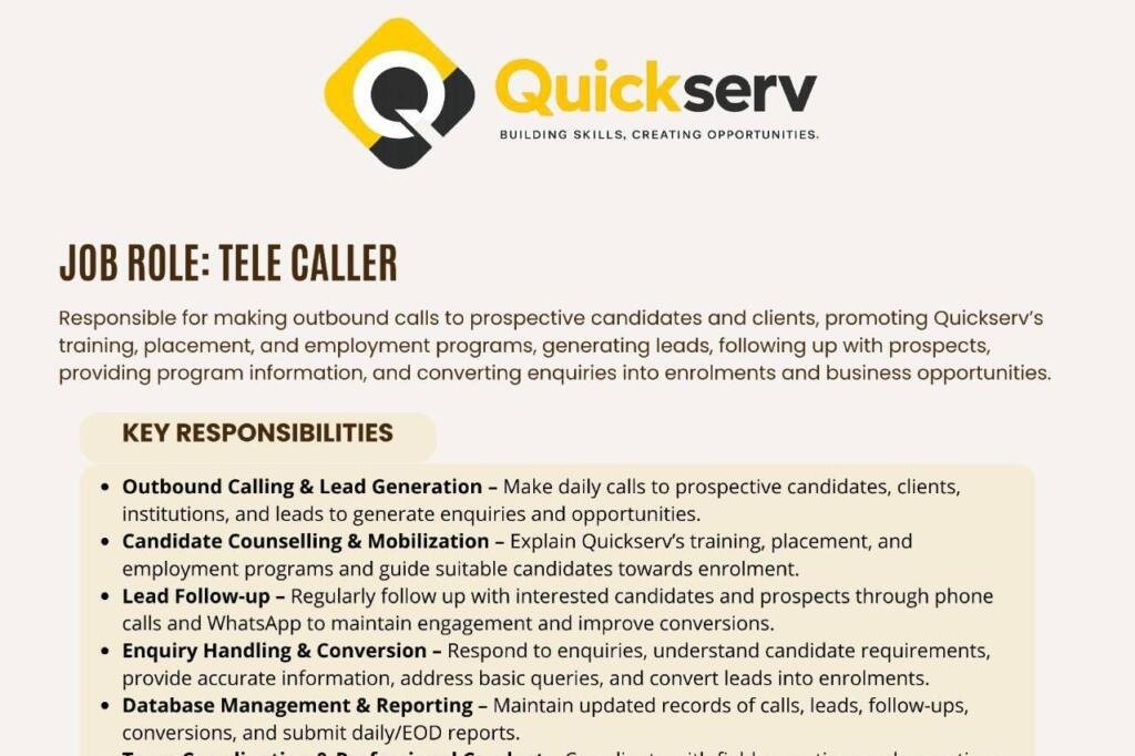 Quickserv is hiring for telecaller